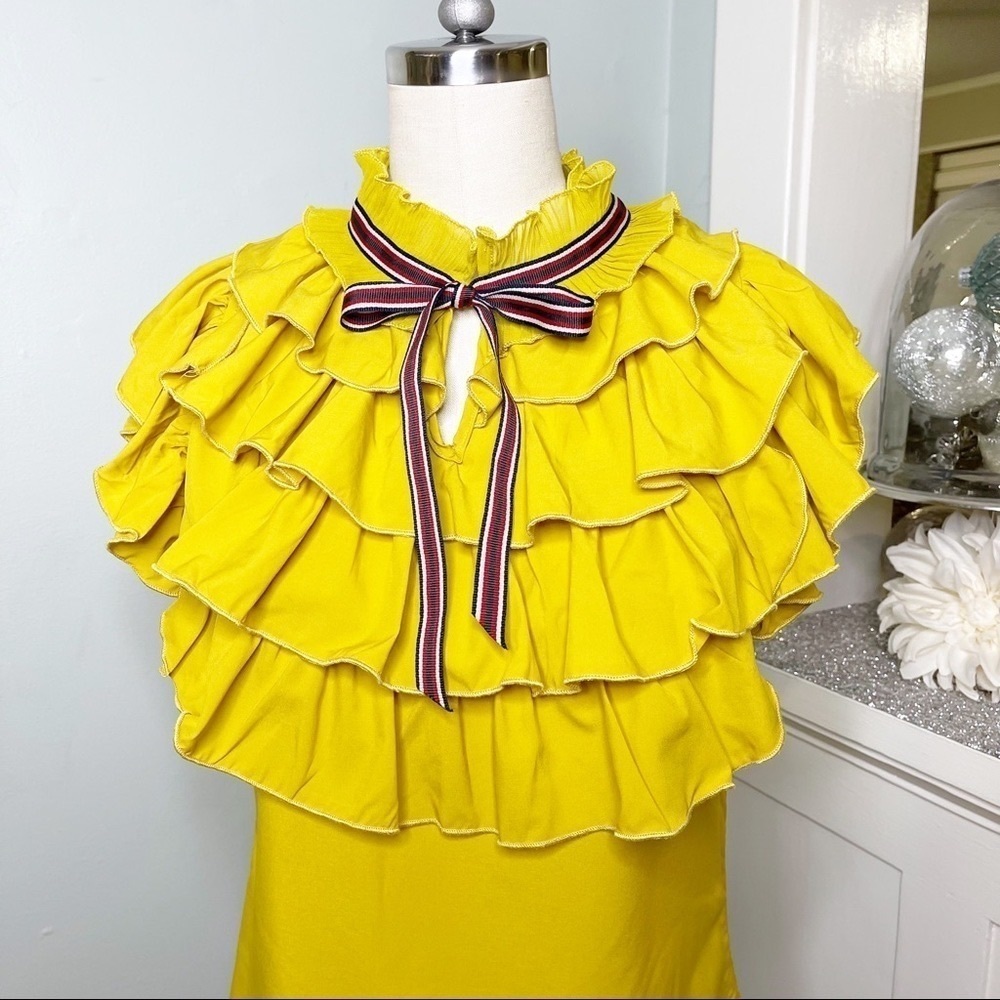 Love Song Mustard Yellow Ruffled High Neck Collared Blouse - Picture 3 of 11